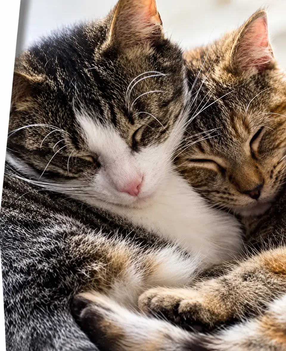 Dos gatos atigrados dormidos abrazados